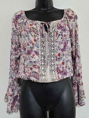 BLEUH CIEL size Small Paisley Long Sleeve Cropped Crochet Blouse Cream Multi